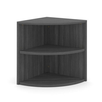 short round gray bookcase with a shelf